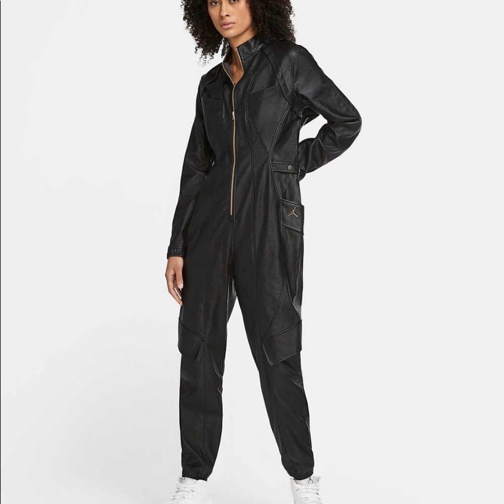 Nike Air Jordan “Court to Runway” Faux Leather Flight Jumpsuit - Black